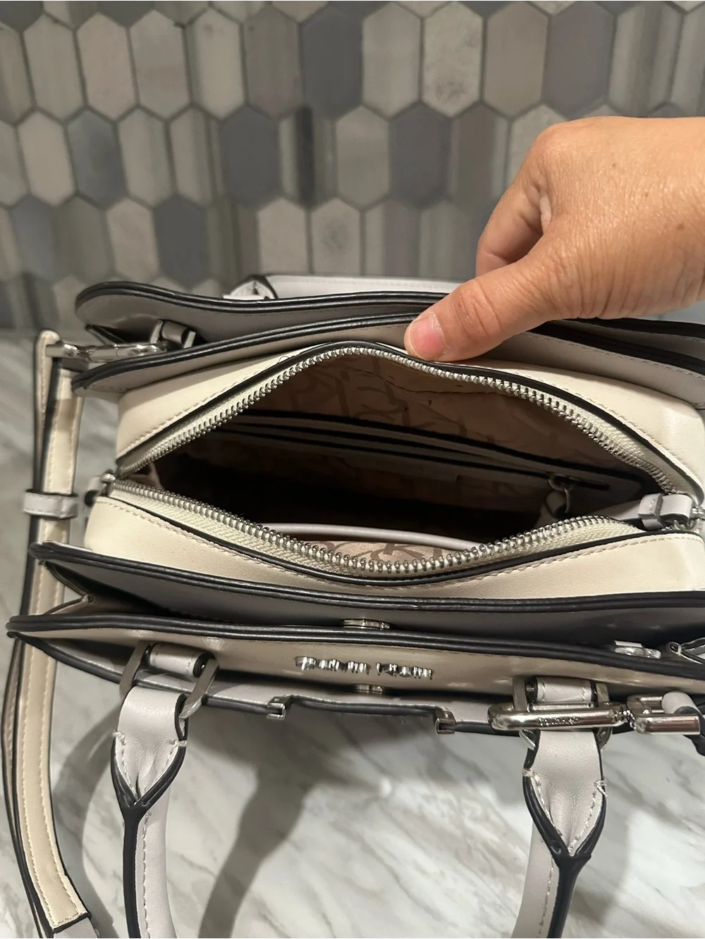 Calvin Klein Taupe/Beige Monogram Satchel with Adjustable Strap